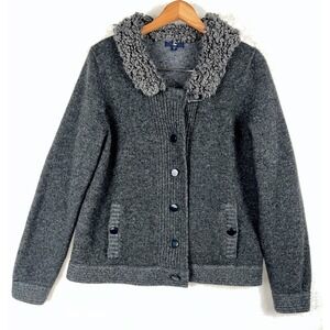 VTG GAP Womens 100% Wool Sweater XL Button Up Pockets Sherpa Collar Gray Preppy